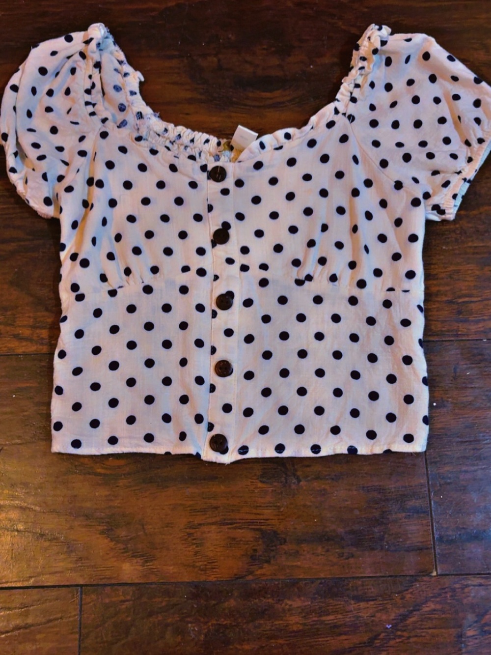 Polka Dot Puff Sleeve Button-Front Top - White with Black Dots
